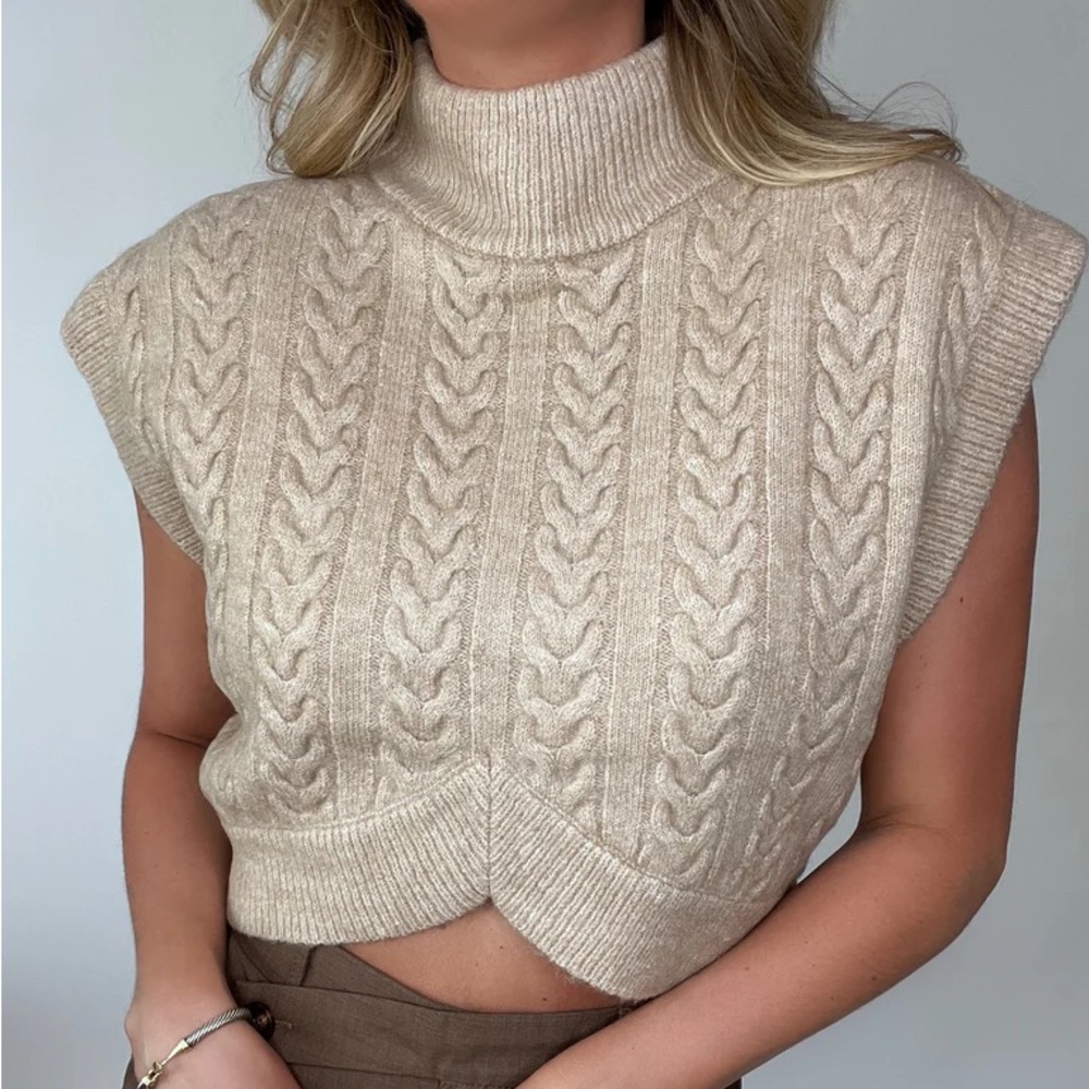 Crescent Beige Cable Knit Turtleneck Sweater